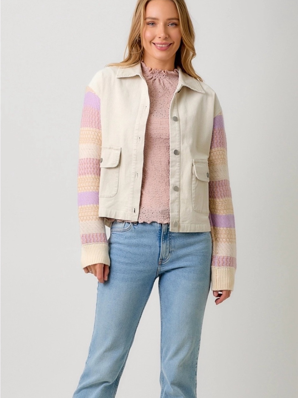 Mystree Knit Sleeve Corduroy Jacket Cream with Pastel Stripe Sleeves - NWT